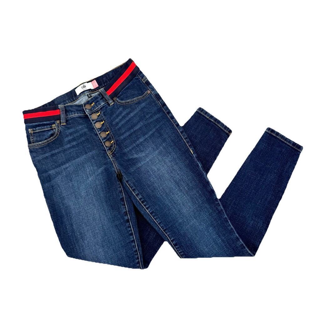 Cabi Button Fly Skinny Jeans Womens Size 6 Blue Denim Red Blue Waist Stretch Mom